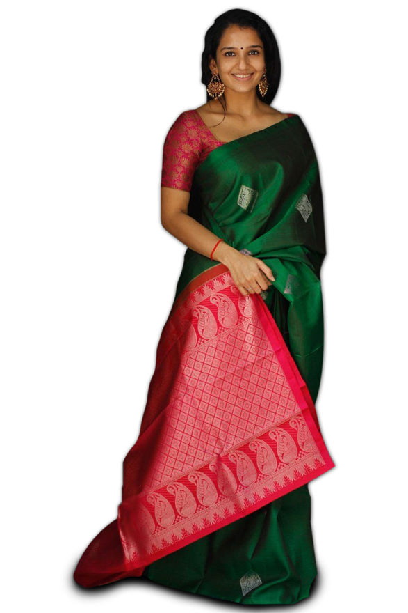 Picture of Women's Beautiful Green And Red Jacquard Soft Silk Designer Saree For Party-Wear, Wedding, Casual Banarasi Saree For Women
