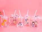 Picture of Glass Coffee Mug With Straw And Lid Cartoon Creative Kid's Glass Milk Cup Juice Glass Water Bottle Gift Set (Pack Of 1)