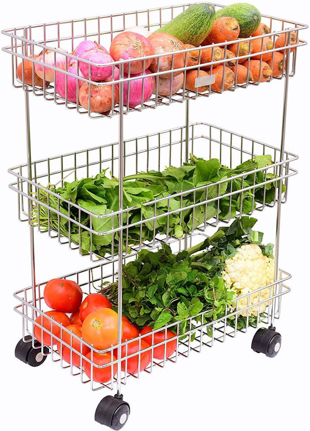 Picture of 3 Layer Stainless Steel Fruit And Vegetable Storage Stand Basket Trolley Modern Kitchen Storage Rack (Silver)