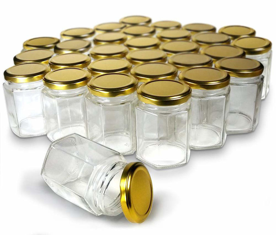 Silica Hexagon Glass Jar with Air Tight Lid (Golden) and Rustproof (200 ml, 12 Piece)