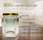 Silica Hexagon Glass Jar with Air Tight Lid (Golden) and Rustproof (200 ml, 12 Piece)