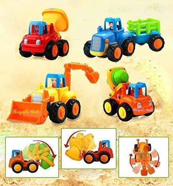 4 Pack Friction Powered Cars Construction Vehicles Toy Set Cartoon Push and Go Car, Bulldozer, Digger Toddler Baby Kids Toys  (Multicolor, Pack of: 4)