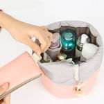 Picture of Cotton And Nylon Bucket Barrel Round Shaped Cosmetic Makeup Travel Pouch Organizer (Assorted Colour)
