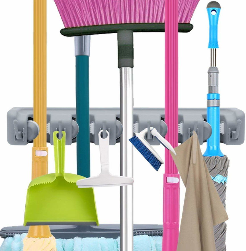 Picture of Wall Mounted Magic Holder Organizer For Broom And Mop With 5 slot 6 Hook