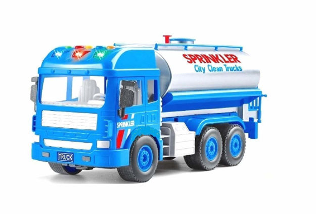 Water sprinkler truck toy for clean city with water spray and light & sound effects pull back vehicles big size tanker truck for kids- Multi color