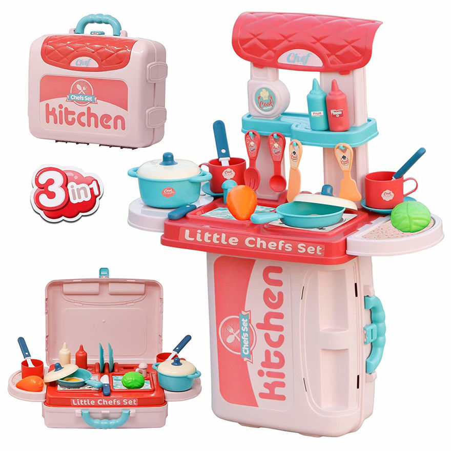 3 in 1 pretend to play little chef's kitchen set with portable suitcase design | kitchen set for girls - 19 pcs (pink)- Multi color