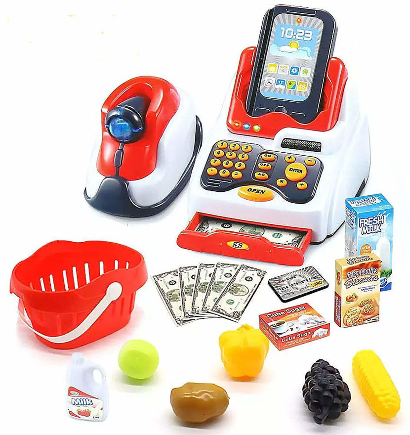 Cash Register Pretend Play Toy with Action, Sound, Scanner,Fruit Vending Machine and Accessories, Small