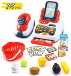 Cash Register Pretend Play Toy with Action, Sound, Scanner,Fruit Vending Machine and Accessories, Small