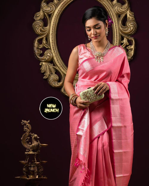 Picture of Women's Designer Kundan Archaic Traditional Kanchi Soft Silk Sari With Matching Attached Blouse(Pink)