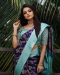 Picture of Women's Beautiful Blue and Golden Jacquard Soft Silk Designer Saree for Party-wear, wedding, casual Banarasi Saree for Women