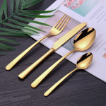 Picture of Luxury PVD Coating Gold Stainless Steel Spoon Set Dine Steel Cutlery Set Long Handle for Iced Tea Spoon Set, Butter Knife,Tea Spoon, Dessert Salad Fork with Hanging Stand (27 Pcs Set)