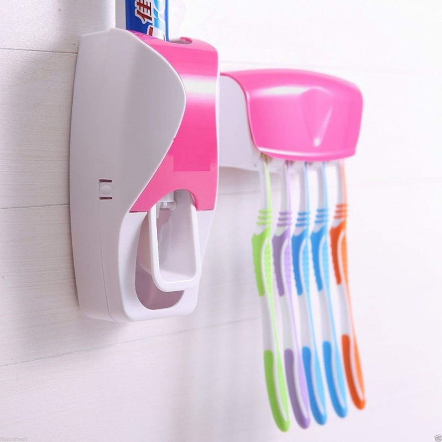 Picture of Multy Color Toothbrush Holder With Cover Automatic Toothpaste Dispenser Set Dustproof With 3m Sticky Suction Pad Wall Mounted Kids Hands Free Toothpaste Squeezer For Bathroom (Multi)