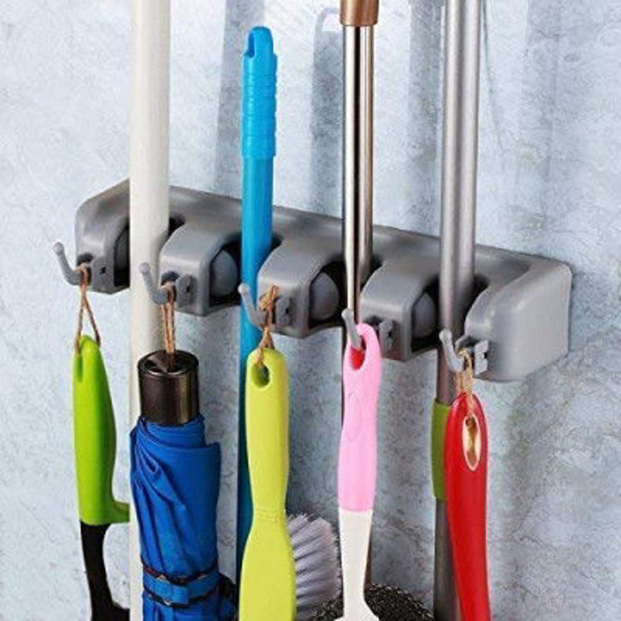 Picture of Plastic Multipurpose Wall Mounted Magic Holder 4 Slot Broom Holder And Mop Organizer Storage 4 Position 5 Hooks For Kitchen Garden(Multicolor)