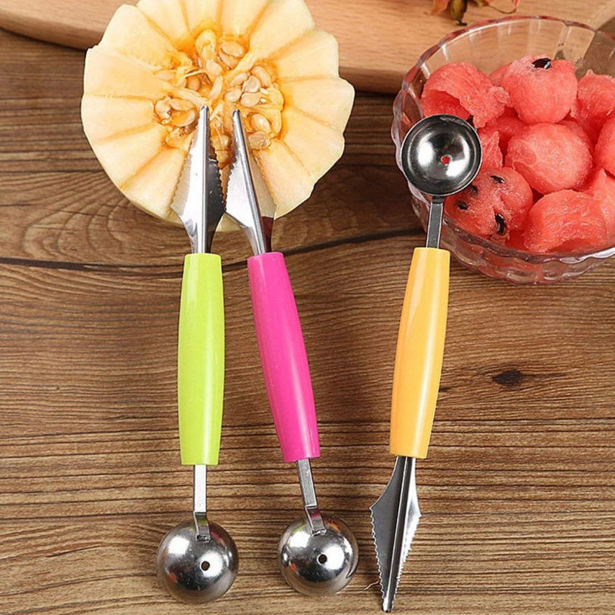 Picture of Set Of 2 In 1 Melon Ball Maker And Stainless Steel Multi Functional Dig Scoop With Carving Knife For Diy Fruit Salads And Desserts Cake Ice Cream Scooper (Multicolour)