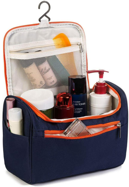 Picture of Cosmetic Makeup Storage Organizer Travel Case Bag Grooming Kit Travel Kit With Hook Makeup Organizer For Women Cosmetic Organizers Pouch (Navy Blue)