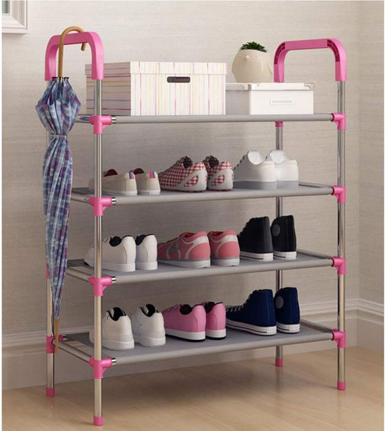 Picture of Shoe Rack Organizer 4 Layer Cabinet Multipurpose Stand 4-Tier Book Storage Shelf For 12 Pairs Of Shoes For Closet Entrance Door Hallway Home Kitchen And Office