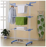 Picture of Folding Double Supported 3 Layer Cloth Drying Stand Laundry Dryer Hanger with Breaking Wheels for Balcony Indoor and Outdoor Home, Steel (Blue)