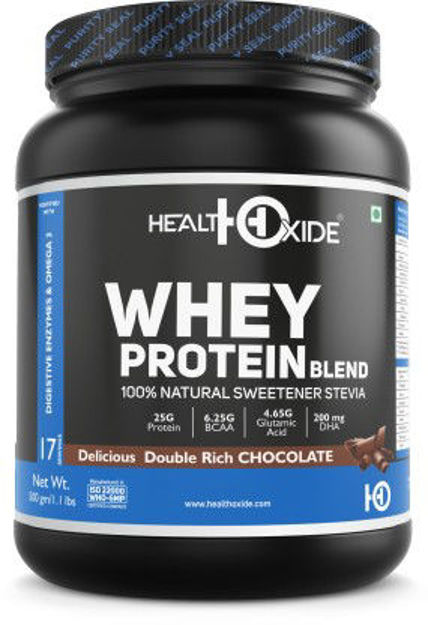 Picture of Healthoxide Whey Protein With 100% Natural Sweetener Stevia, Omega 3 And Digestive Enzymes – 500 G (Delicious Double Rich Chocolate)