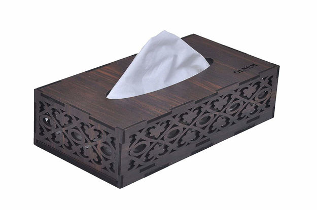 Picture of Wooden Tissue Paper Box Holder Decorative Organizer Napkin Holder Box For Bathroom |Office | Kitchen | Car - With Tissue Paper (Brown, Jali)