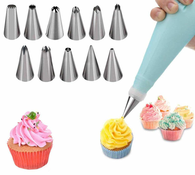 Picture of 12 Piece Cake Decorating Set Frosting Icing Piping Bag Tips With Steel Nozzles