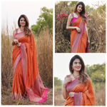 Picture of Cherry Archaic Traditional Kanchi Soft Silk Sari With Attached Blouse