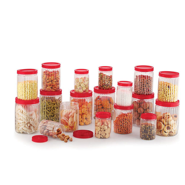 Picture of Oscar 18 Pcs Storage Pet Container Gift Set For Kitchen Air Tight Storage Jars (400 Ml X 6, 1000 Ml X 6, 1900 Ml X 6), Red (Regular - 18 Pieces)