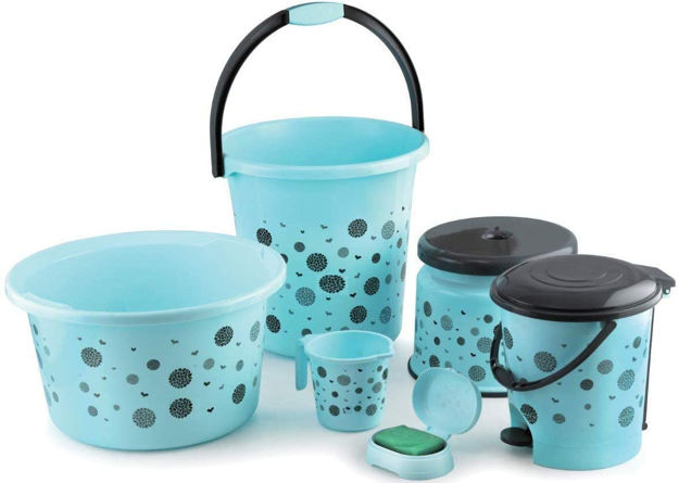 Picture of Plastic Bathroom Bucket, Stool, Soap Case, Tub- Set Of 6 Piece