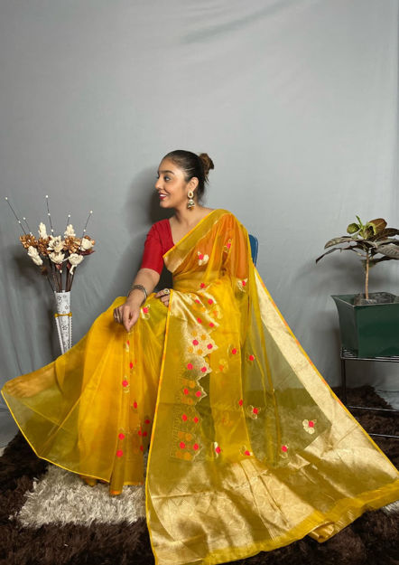 Picture of Meenakari Weaving Orgenza And Beautiful Yellow Silk Sarees