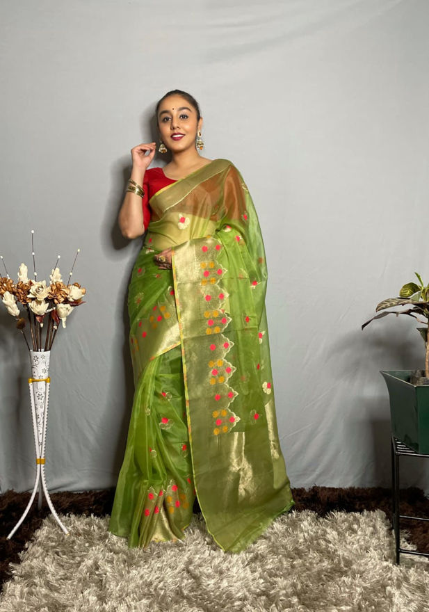 Picture of Meenakari Weaving Orgenza And Beautiful Green Silk Sarees