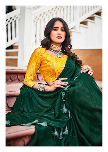 Picture of Pure Dark Green Georgette Saree & Beautiful Yellow Blouse