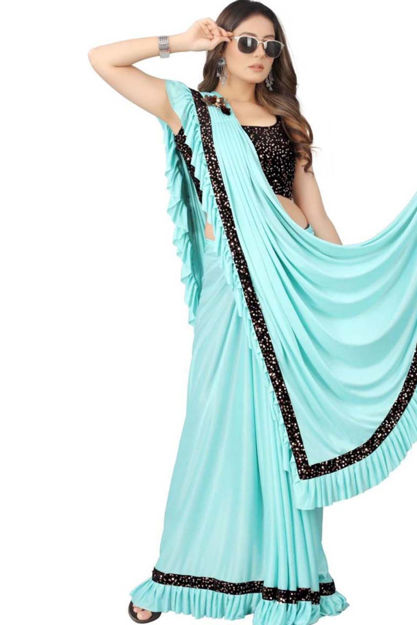Picture of Party Wear Stylish Fancy Water Blue Saree With Important Fabric