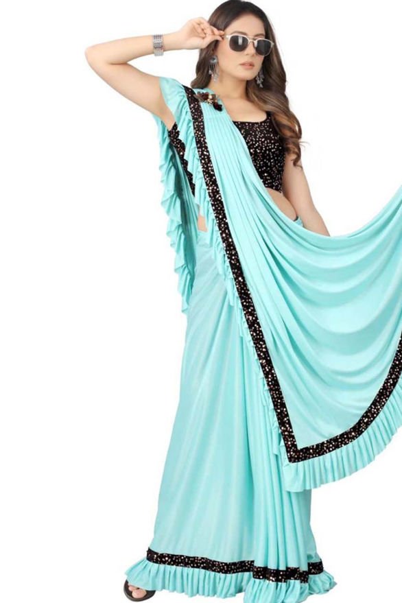 Picture of Party Wear Stylish Fancy Water Blue Saree With Important Fabric