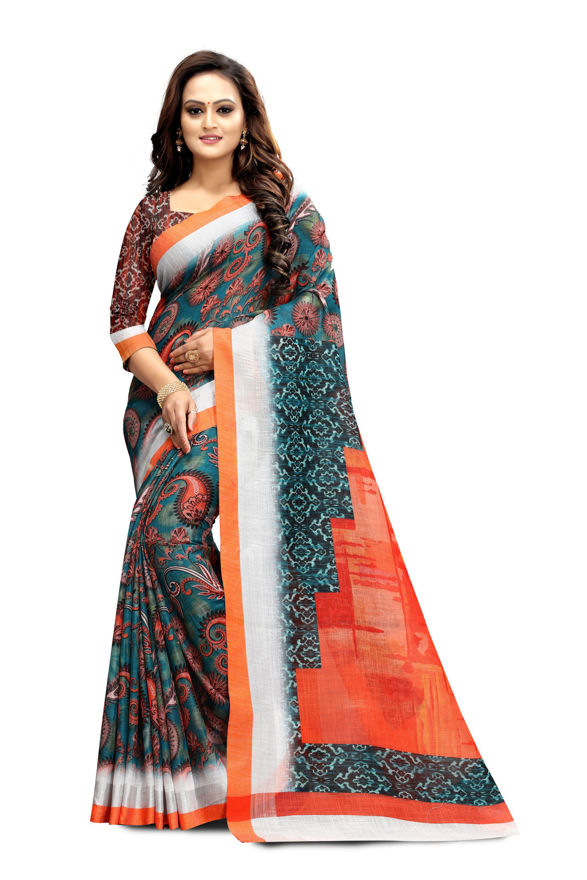 Picture of Pure Lilen Printe Reach Pallu And Matching Blouse Saree