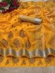 Picture of Pure Yellow Cotton And Foli Print Chitt Pallu Saree