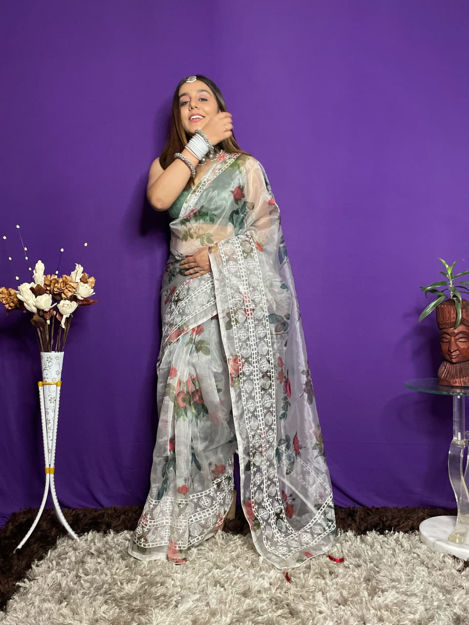 Picture of Pure organza digital white printed and beautiful sarees