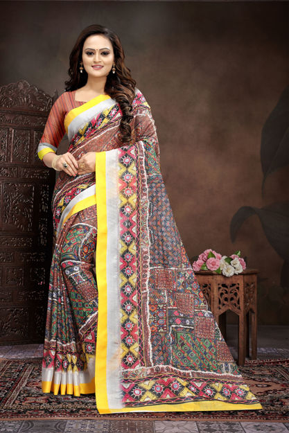 Picture of Pure Lilen Printed Reach Pallu And Matching Blouse Saree