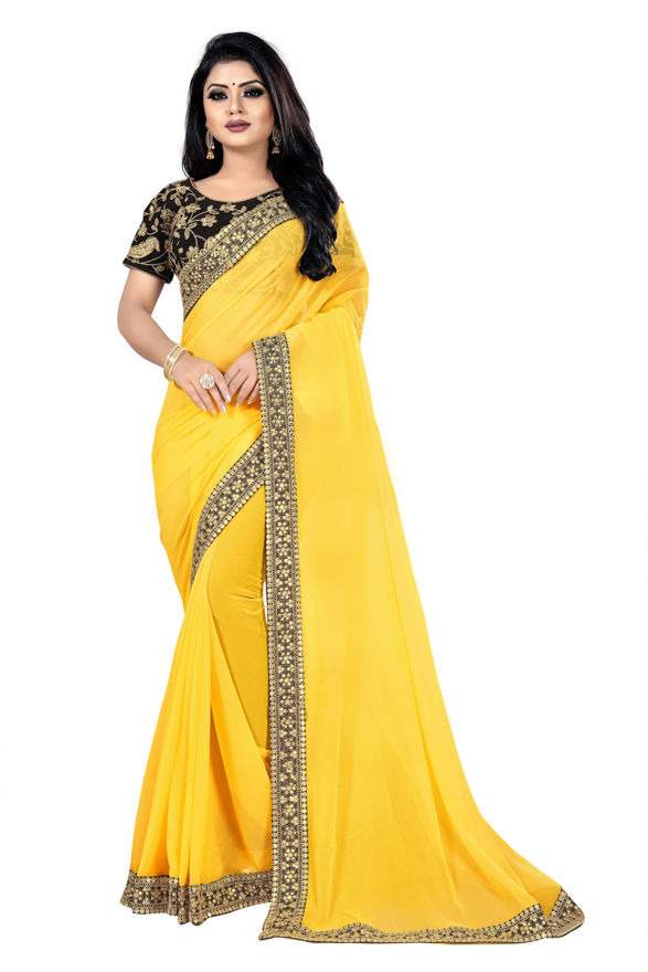 Picture of Beautiful Yellow Colour Saree With Blouse Piece