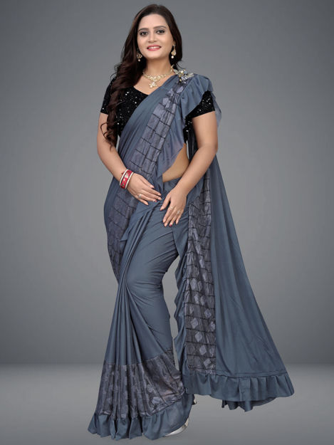 Picture of Heavy Pure Polyester Grey Lycra Silk Saree Foe Wedding
