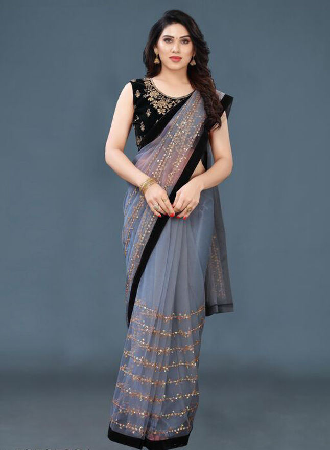 Picture of Pure Georgette With Fancy Lace & Beautiful Blouse Grey Saree