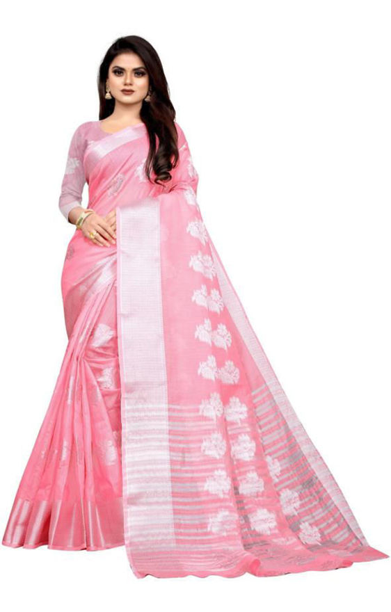 Picture of Beautiful Sliver Border Baby Pink Color Saree With Blouse Piece
