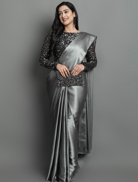 Picture of Pure Grey Georgette With Fancy Lace & Beautiful Saree