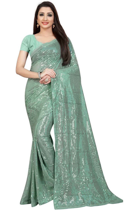 Picture of Light Green Pure Georgette With Fancy Lace & Beautiful Blouse Saree