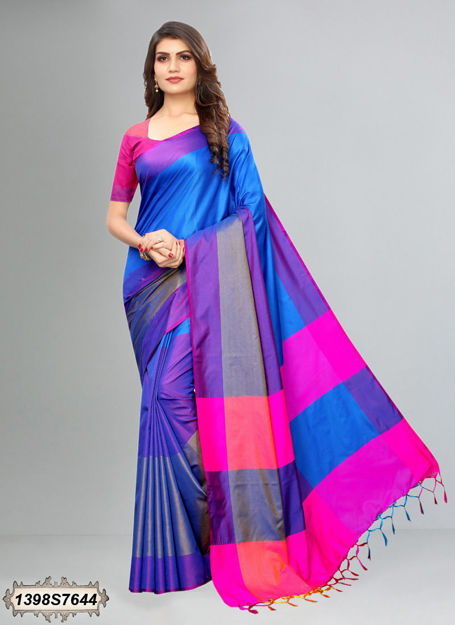 Picture of Look Out Soft Cotton & Blue Silk Saree For Women