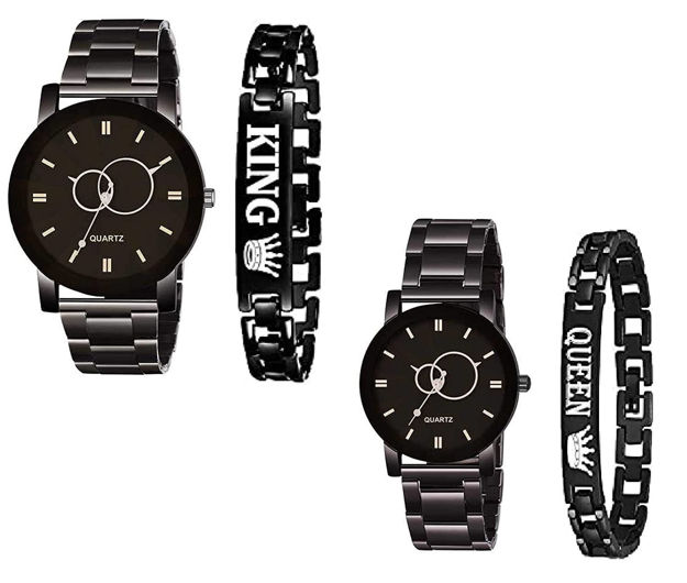 Picture of Pack Of 4 King Queen Analogue Watch And Bracelet Combo For Couple